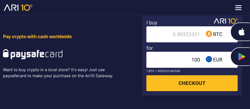 Ari10 Paysafecard pay crypto with cash worldwide