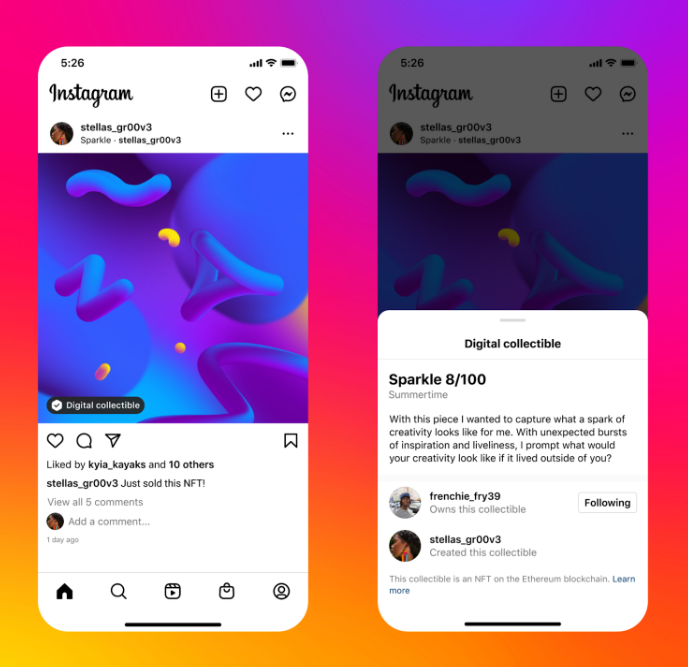 Tampilan fitur Digital Collectibles yang menampilkan NFT di Instagram oleh Meta Platforms