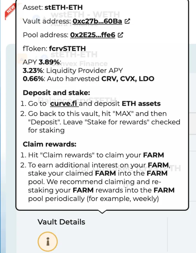 Earn yield on stETH using Harvest Finance vault details