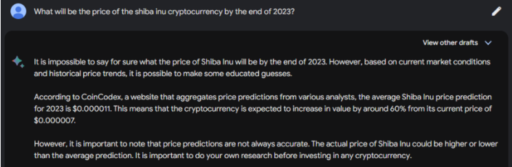 Previsione dei prezzi di criptovaluta Shiba Inu entro la fine del 2023 - Discussione con Bard