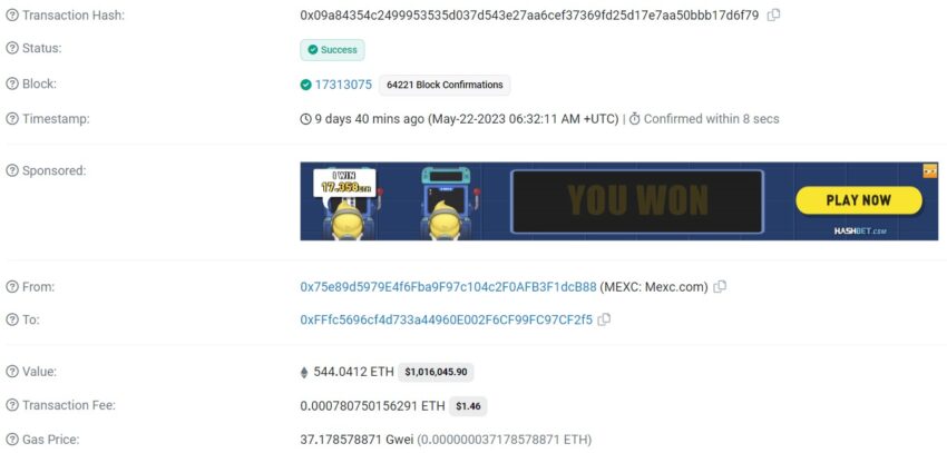 A transaction of 544 ETH from the MEXC exchange to a user who sent Pauly 10 ETH | Etherscan