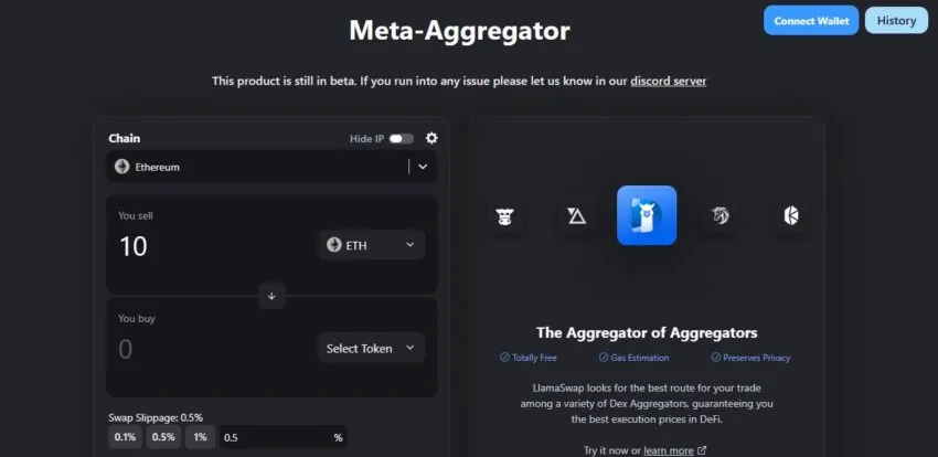 Meta-aggregator: DeFiLlama Swap