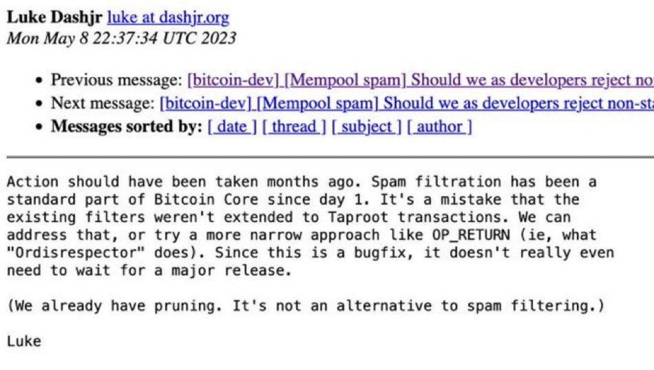 Extracto de correo electrónico de Luke Dashjr lamentando el spam en la red Bitcoin