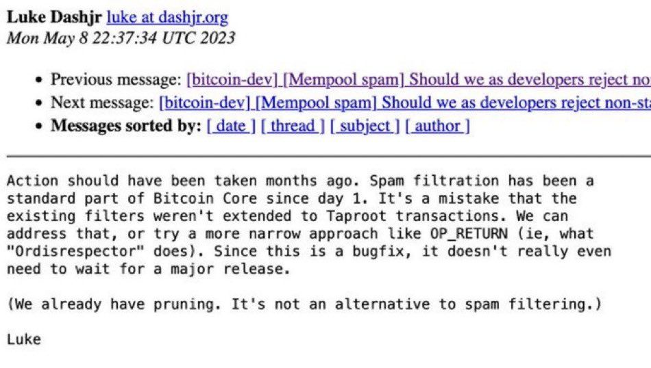 Email excerpt from Luke Dashjr lamenting Bitcoin network spam - Twitter/@ryanberckmans
