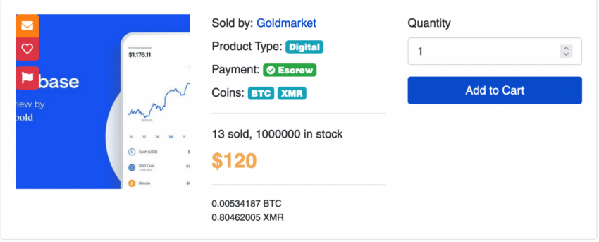 Coinbase の仮想通貨アカウントが 120 ドルで販売されています。