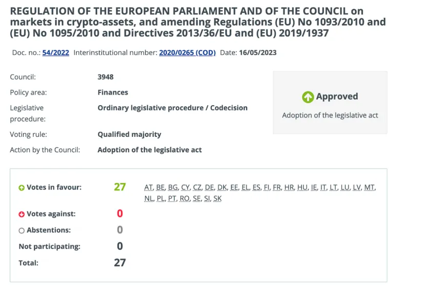 European Union (EU) members unanimously vote for MiCA legislation