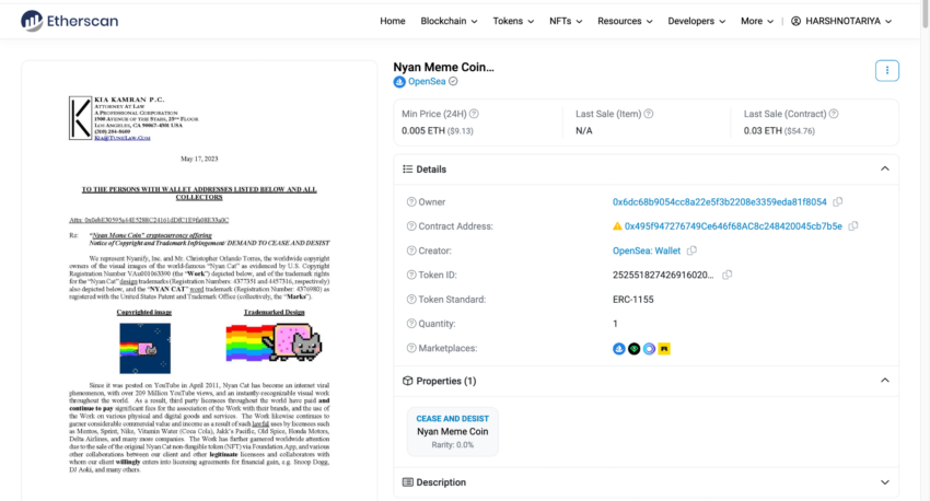 Uno screenshot dell'avviso legale è stato inviato alla moneta meme Nayn come NFT