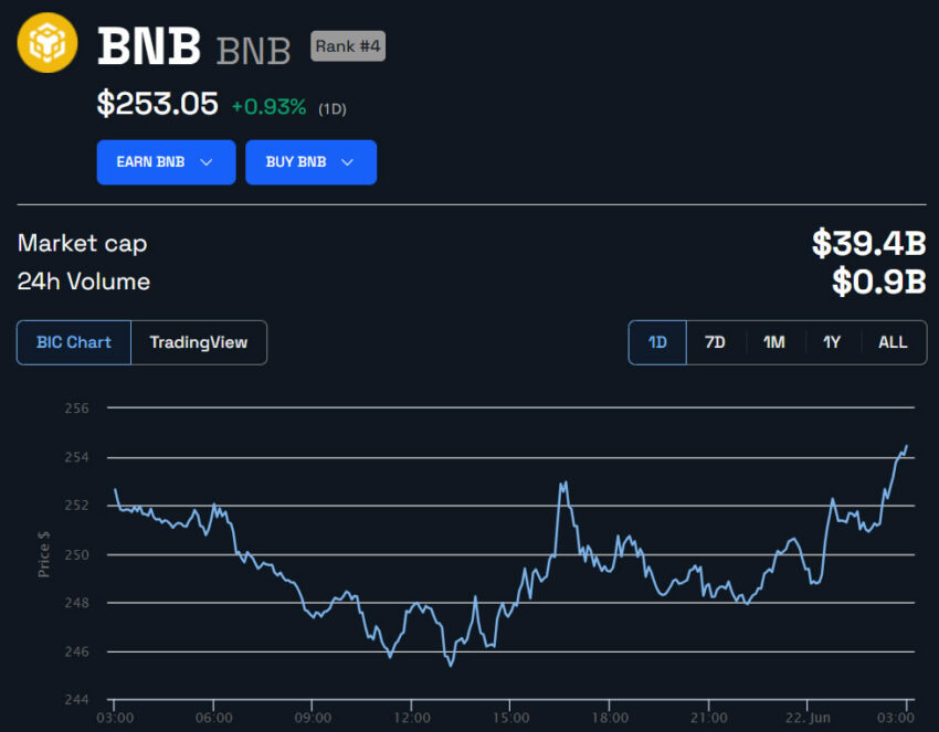 BNB Prezzo in USD 24 ore. Fonte: BeInCrypto