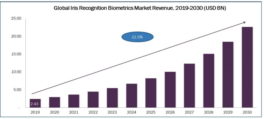 Entrate del mercato globale della biometria di riconoscimento dell'iride. 2019-2030.