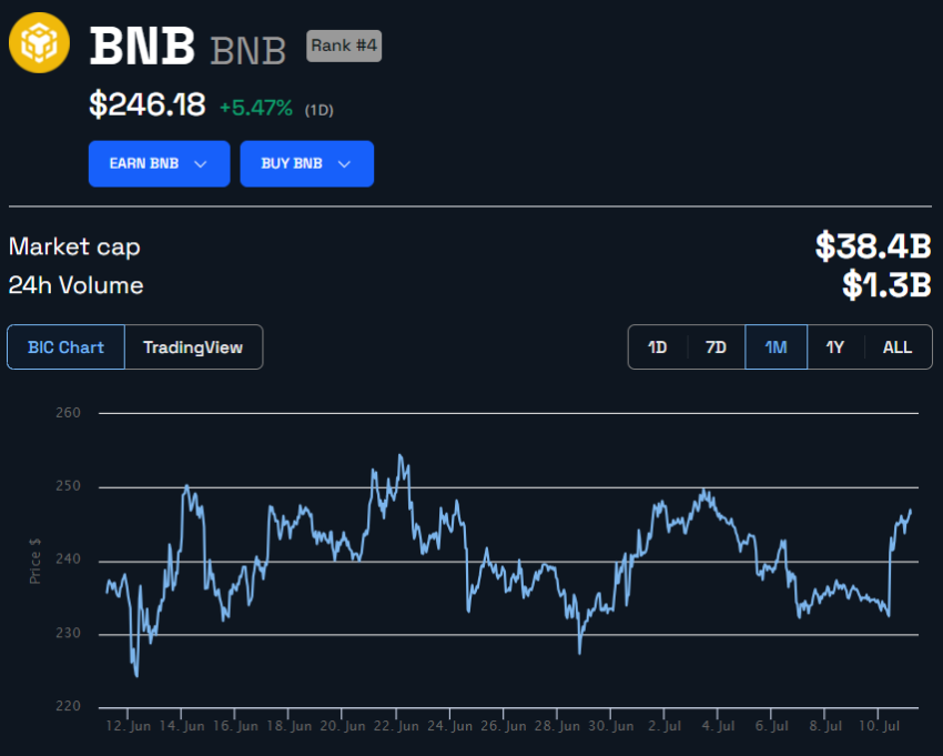 BNB Price Chart in USD. Source: BeInCrypto
