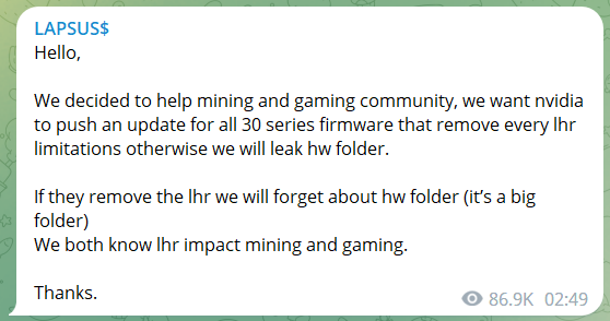 Lapsus$ hacker group telegram channel chat Nvidia