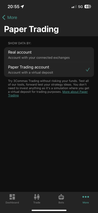 Paper trading option within the mobile app