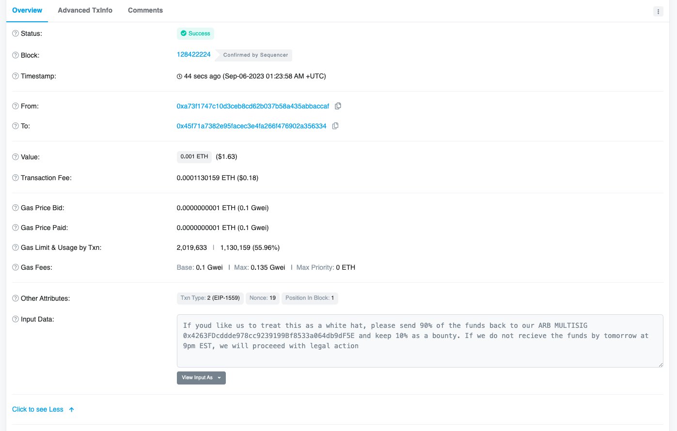 Captura de pantalla del mensaje de recompensa de GMBL Computer tras el exploit