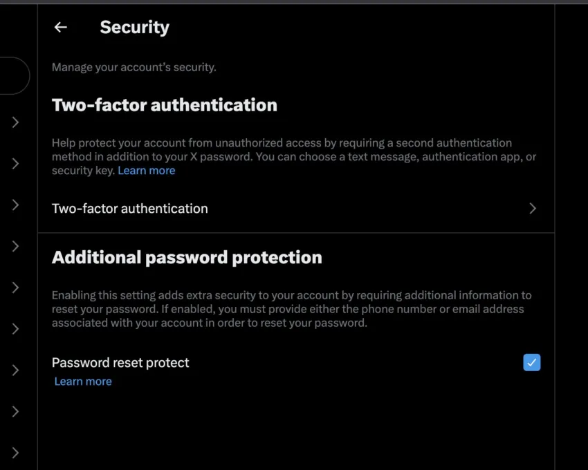 Twitter X Settings Show How to Turn on Password Reset Protection. Source: Tim Beiko / X