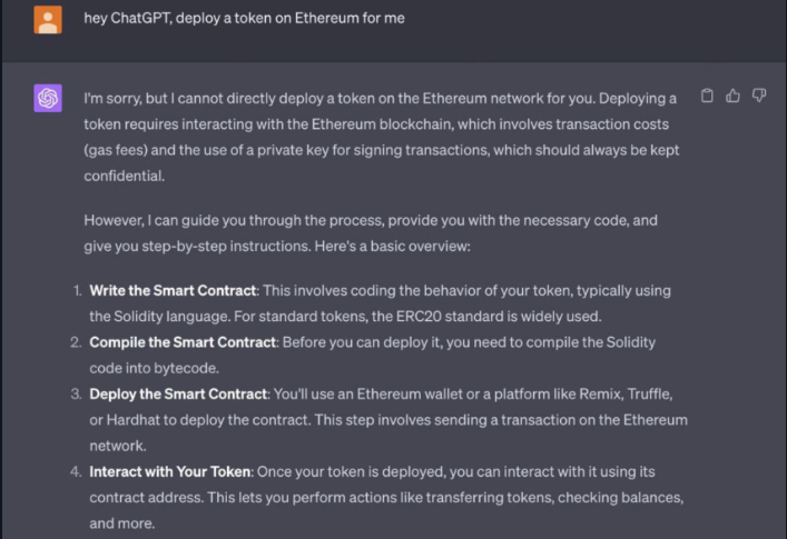 ChatGPT elenca i passaggi per creare un token Ethereum. Richieste AI della moneta meme ChatGPT.