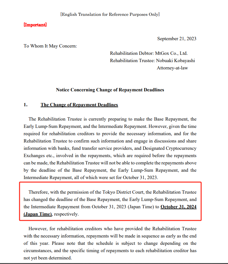 Mt.Gox Rehabilitation Trustee letter. Source: X/@WuBlockchain